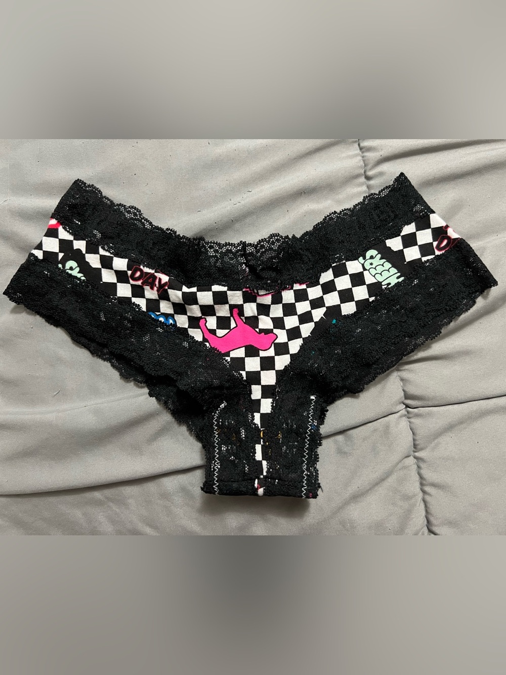 HTF Victoria's Secret PINK Cheeky Panty Racer Checkered 2018 Dog Logo Small Y2K
